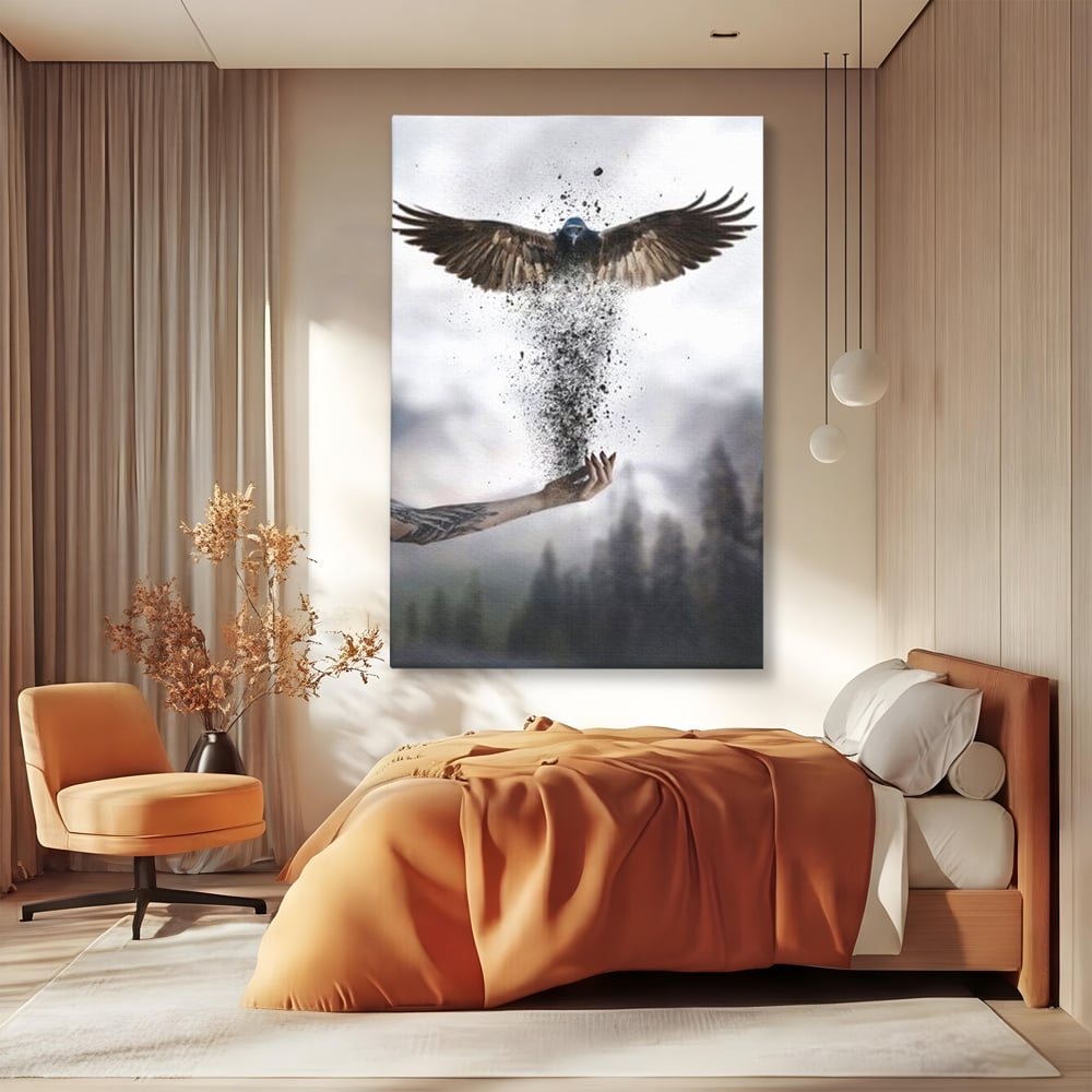 Tablou canvas cu tablou canvas cu pasare si mana din cenusa, fara rama, pe sasiu de lemn, pe perete intr-un dormitor